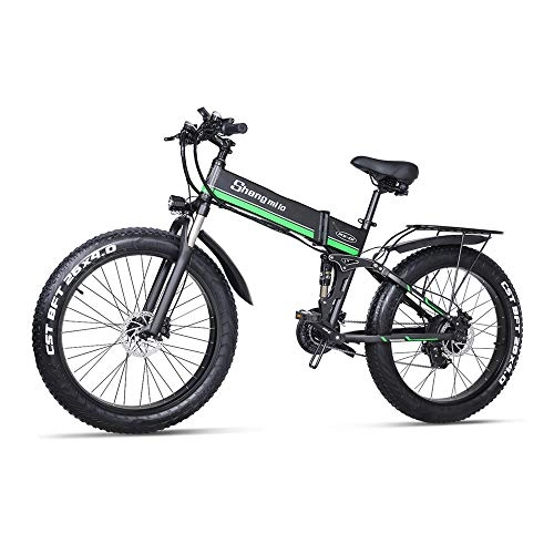 Bicicleta de montaña eléctrica plegables : Shengmilo Bicicleta Eléctrica E-MTB Fat Bike 26" Full Suspension, Shimano 21 velocidades, Plegable, batería Litio 48V 12.8Ah (1000w), Pantalla LCD, Freno de Doble Disco