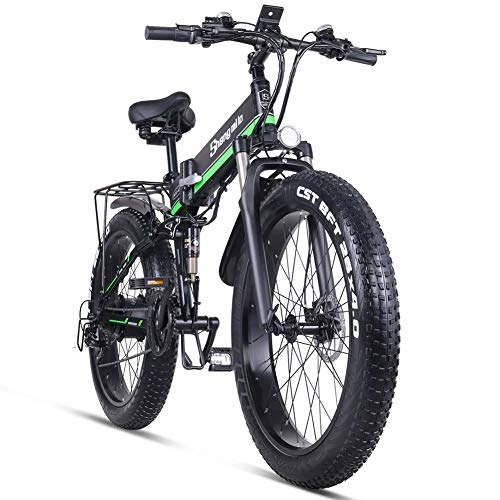 Bicicleta de montaña eléctrica plegables : Shengmilo-MX01 Bicicleta eléctrica Plegable 1000w suspensión Completa Bicicleta de montaña eléctrica Grasa ebike 26 * 4.0 neumático (Verde)