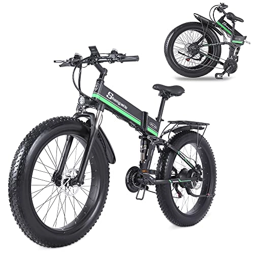 Bicicleta de montaña eléctrica plegables : Shengmilo -MX01 Bicicleta eléctrica plegable de 26 pulgadas con neumáticos gruesos Bicicleta eléctrica 48 V Batería de litio de nieve eléctrica Mountain Bike con Shimano 21 velocidades (verde)