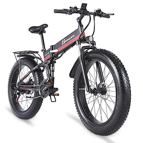 Bicicleta de montaña eléctrica plegables : Shengmilo-MX01 Bicicletas eléctricas plegables Bicicleta eléctrica de neumático grueso de 26 pulgadas Batería de litio de 48 V Bicicleta eléctrica de montaña de nieve con Shimano 21 velocidades (Rojo)