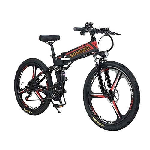 Bicicleta de montaña eléctrica plegables : SONGZO Bicicleta de Montaña 350W 21 Velocidades Bicicleta Eléctrica Plegable de 26 Pulgadas con Doble Suspensión y Freno de Disco (R3)
