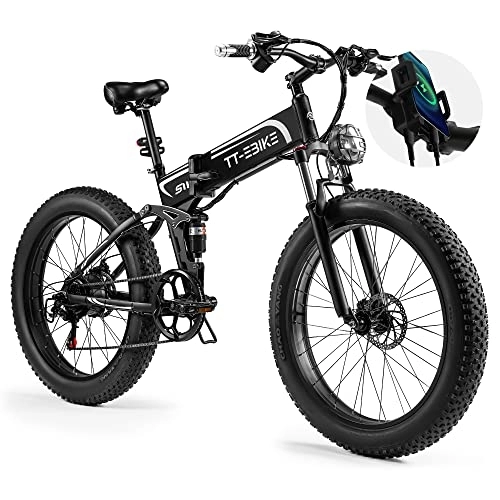 Bicicleta de montaña eléctrica plegables : Soporte plegable para teléfono para adultos con carga USB de 48 V 15 AH, batería extraíble de 26 pulgadas 4.0, neumático gordo de nieve, montaña, playa, bicicleta eléctrica con equipo de 7 velocidades