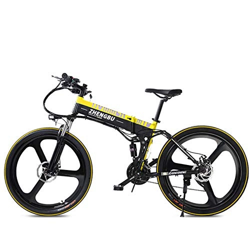 Bicicleta de montaña eléctrica plegables : SportArts Bicicleta De Montaña Plegable Eléctrica con Neumático De Reparación Automática Y 48V Li-Battery Extraíble 27 Speed ​​Gear, Yellow-48V10AH