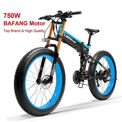Bicicleta de montaña eléctrica plegables : T750Plus bicicleta de elctrica, bicicleta de nieve con sensor de asistencia a pedales de 5 niveles, batera de ion de litio de 48V 14.5Ah, mejorada a la horquilla de bajada (Black Blue-BF, 750W)