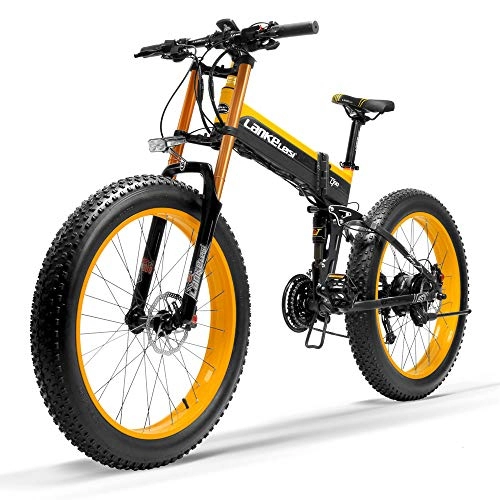 Bicicleta de montaña eléctrica plegables : T750Plus-New bicicleta de eléctrica, bicicleta de nieve con asistencia a pedales de 5 niveles, 48V Batería de litio, tenedor cuesta abajo (Negro Amarillo, 1000W 14.5Ah + 1 batería repuesto)
