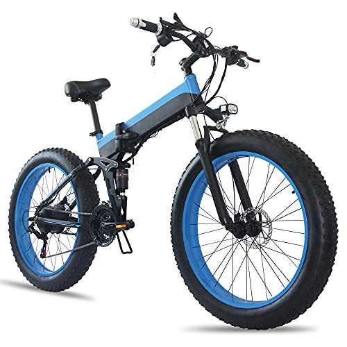 Bicicleta de montaña eléctrica plegables : TGHY Bicicleta Eléctrica Plegable para Adultos Neumático Grueso de 26" 4.0 Bicicleta de Montaña Eléctrica 45km / h Motor de 500W 21 Velocidades Batería de Litio Extraíble E-Bike para Nieve, Azul