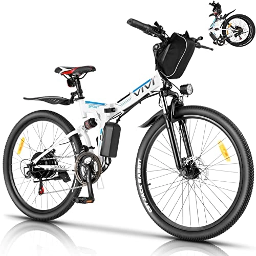 Bicicleta de montaña eléctrica plegables : Vivi Bicicleta Eléctrica de Montaña Plegable, 26"E-Bike MTB Pedal Assist, 250W Bici Electrica Plegable para Adultos, Shimano 21 (Blanco Azul)