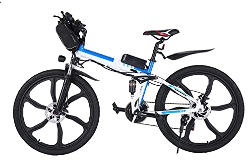 Bicicleta de montaña eléctrica plegables : WIND SPEED Bicicleta Plegable 250W Bici Eléctrica Bicicleta de montaña, 21 Velocidades con Batería Litio 36V 8Ah, Frenos de Disco (Blanco-26)