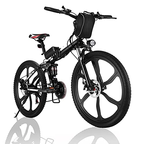 Bicicleta de montaña eléctrica plegables : Winice Bicicleta Eléctrica Bicicleta Plegable de 26 Pulgadas, Bicicleta de Montaña Eléctrica con Batería de Litio Extraíble de 36 v 8 Ah, Shimano de 21 Velocidades (Ruedas integradas - Negro)