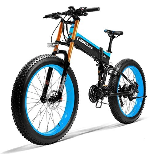 Bicicleta de montaña eléctrica plegables : WM 400w Motor Bicicleta eléctrica 26x4.0 Pulgada Fat Tire Bicicleta eléctrica Todo Terreno Plegable 48v10ah5 Gear Power Mountain Bike, Azul