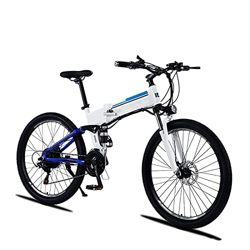 Bicicleta de montaña eléctrica plegables : YIZHIYA Bicicleta Eléctrica, 27, 5" Bicicleta de montaña eléctrica Plegable para Adultos, E-Bike de 21 velocidades, Sistema de Doble absorción de Impactos, 3 Modos de Trabajo, White Blue, 48V 500W 9AH