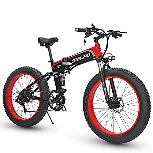 Bicicleta de montaña eléctrica plegables : YYAO Bastidor De Suspensin Completa De 26 Pulgadas De Bicicletas De Montaa Elctrica (Grasa De Neumticos 4 Pulgadas) De Gran Capacidad Extrable De Iones De Litio (48V 10AH), Black Red, 350W