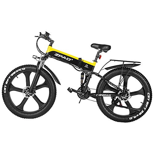 Bicicleta de montaña eléctrica plegables : ZPAO 26 Pulgadas Fat Bike 1000W Bicicleta eléctrica Plegable 21 velocidades Bicicleta montaña Batería de la Mejor Marca, Pantalla LCD con USB (Black Yellow, 48V 12.8Ah)