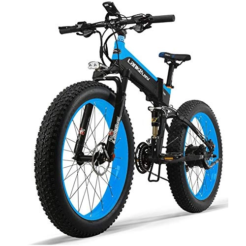 Bicicleta de montaña eléctrica plegables : ZZQ 26 '' Fat de Ruedas Plegable Bicicleta elctrica de 48V 13Ah 27 Velocidad de suspensin Completo de la Nieve de la montaña de Doble Disco hidrulico de Frenos, Azul