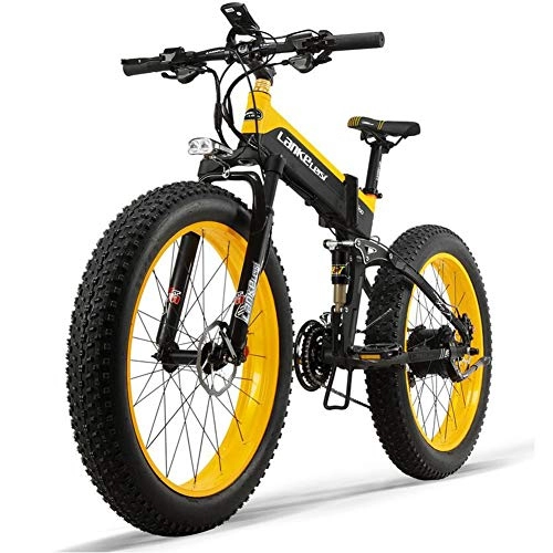 Bicicleta de montaña eléctrica plegables : ZZQ 26 '' Fat de Ruedas Plegable Bicicleta eléctrica de 48V 13Ah 27 Velocidad de suspensión Completo de la Nieve de la montaña de Doble Disco hidráulico de Frenos, Amarillo