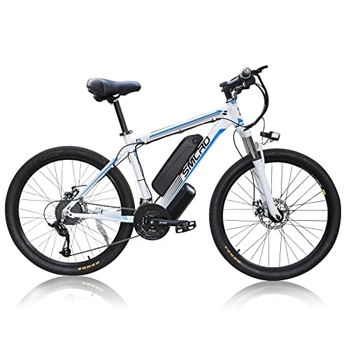 Bicicletas de montaña eléctrica : 26" Bicicletas eléctricas para Adultos, con Shimano de 21 velocidades extraíble de 10 Ah Litio batería, Bicicletas eléctricas Urbana (White Blue)