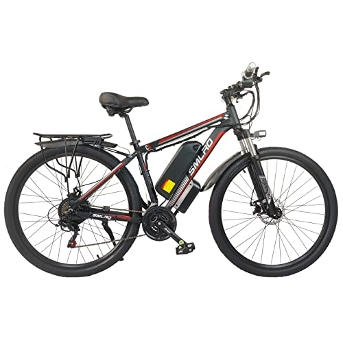 Bicicletas de montaña eléctrica : AKEZ 29'' Bicicleta eléctrica de montaña para hombre y mujer con batería extraíble de 48V 13Ah, bicicleta eléctrica con cambio Shimano de 21 velocidades (negro rojo-29–1000)