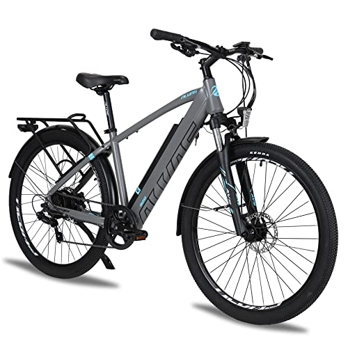 Bicicletas de montaña eléctrica : AKEZ Bicicleta eléctrica de montaña, 27, 5 Pulgadas, con batería de Litio de 36 V 12, 5 Ah, suspensión Completa, para Hombre y Mujer, con Motor Bafang y Cambio Shimano de 7 velocidades (Gris)