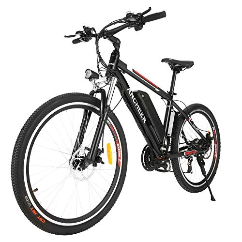 Bicicletas de montaña eléctrica : ANCHEER Bicicleta Eléctrica 26 Pulgadas, Ebike Montaña 250W para Adultos, Batería de Litio Extraíble 36V 12.5Ah, Engranajes Profesionales de 21 Velocidades