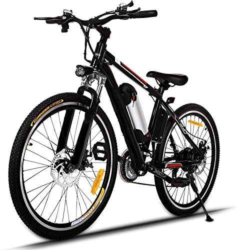 Bicicletas de montaña eléctrica : ANCHEER Bicicleta Eléctrica de Montaña, E-Bike 26 Pulgadas, Batería de Litio 250W 36V Desmontable, Sistema de Transmisión de 21 Velocidades, con Linterna (Negro)