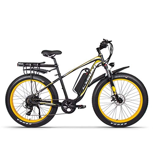 Bicicletas de montaña eléctrica : Bicicleta de montaña eléctrica cysum 48V.17AH batería de Litio Bicicleta eléctrica, aleación de Aluminio de Alta Resistencia 26 Pulgadas 4.0 Bicicleta con neumáticos Gruesos (Amarillo-Negro Plus)
