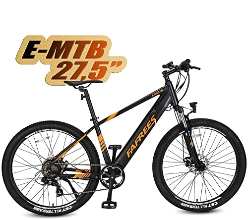 Bicicletas de montaña eléctrica : Bicicleta de montaña eléctrica Pedelec MTB de 27, 5 pulgadas, motor trasero Shimano 7S de 250 W, frenos de disco, bicicleta eléctrica con horquilla de suspensión de 80 KM, homologación CE (naranja)