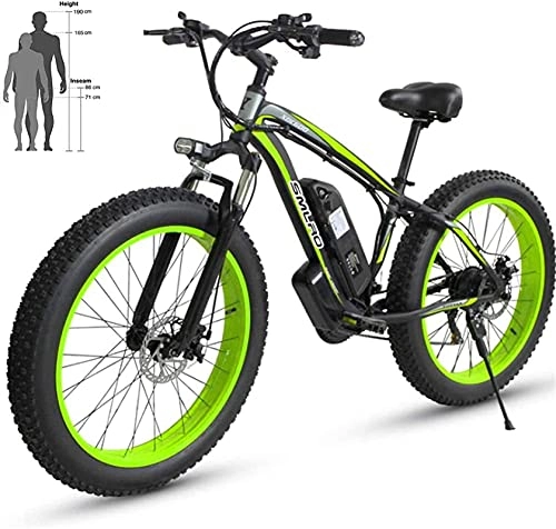 Bicicletas de montaña eléctrica : Bicicleta de Playa eléctrica 48V 26 '' Neumático Gordo Potente Motor Montaña Nieve Ebike Bicicleta de aleación de Aluminio (Color: Negro Verde, Tamaño: 48V15AH)