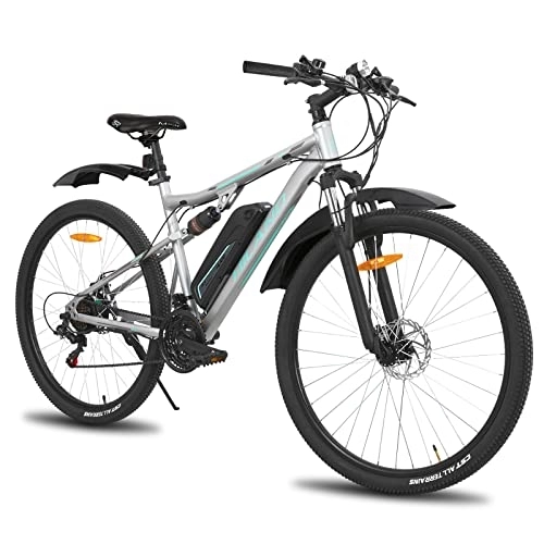 Bicicletas de montaña eléctrica : Bicicleta eléctrica Hiland de 27, 5 pulgadas, bicicleta eléctrica de montaña para hombre y mujer, con motor de 250 W, batería de litio de 36 V, 10, 4 Ah, 21 marchas, suspensión completa, color gris