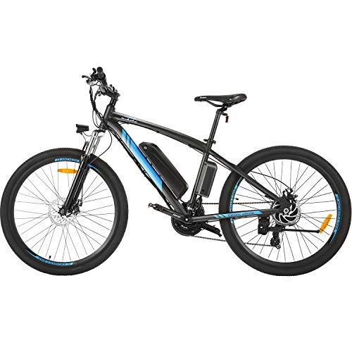 Bicicletas de montaña eléctrica : BIKFUN Bicicleta eléctrica de 27, 5 pulgadas para adultos, batería de litio de 36 V 10 Ah motor de 250 W, bicicleta de montaña Shimano 21 velocidades Dics horquilla de suspensión (negro)