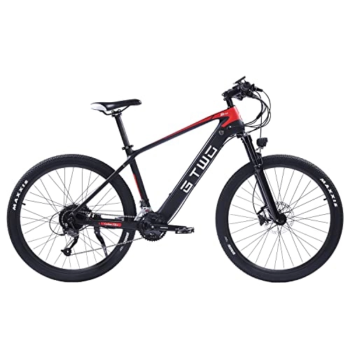 Bicicletas de montaña eléctrica : CF275 Adulto Ebike 27.5 Pulgadas 27 Velocidad Bicicleta de montaña Peso Ligero Marco de Fibra de Carbono Suspensión de Aire Horquilla Delantera (Negro Rojo)