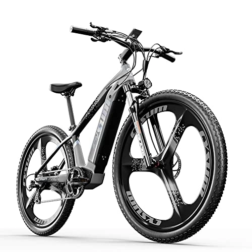 Bicicletas de montaña eléctrica : cysum CM520 Bicicleta eléctrica para Hombre, Bicicleta de montaña eléctrica para Adultos de 29", Bicicleta de montaña de Carretera Shimano 7 Speed, llanta de una Pieza, Freno Disco hidráulico (Gris)