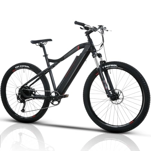 Bicicletas de montaña eléctrica : DEAKY SPORTS Bicicleta eléctrica para adultos E-Bike de 27, 5" / 29" Cambio de 9 velocidades 25 km / h, con pedal asistido carga máxima 140 kg mujer y hombre de montaña (29", negro-rojo)