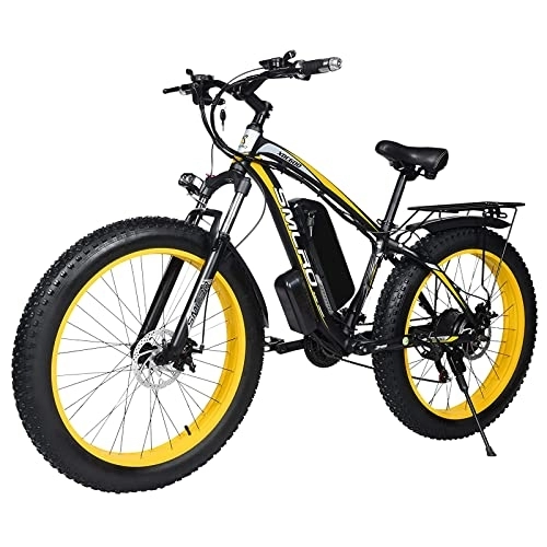 Bicicletas de montaña eléctrica : Fat Tire - Bicicleta eléctrica de montaña eléctrica para Adultos, 26 x 4 Pulgadas, 7 velocidades, Bicicleta de Nieve Todoterreno con batería de Litio extraíble de 48 V (Negro y Amarillo 15 A)
