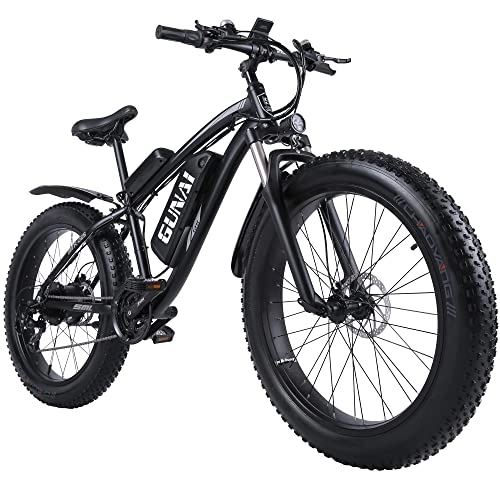 Bicicletas de montaña eléctrica : GUNAI Bicicleta Eléctrica Fat Bike 26 "4.0 Neumático Off-Road E-Bike 48V 17AH Bicicleta de Montaña con Asiento Trasero（Negro）