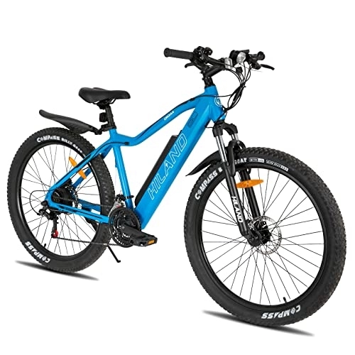 Bicicletas de montaña eléctrica : HILAND 27, 5 Pulgadas Bicicleta Eléctrica Motor 250 W, E-MTB para Hombre y Mujer con Shimano 21 Velocidades con Batería de Litio de 36 V 10, 4 Ah e Iluminación, Bicicleta de Montaña, Azul