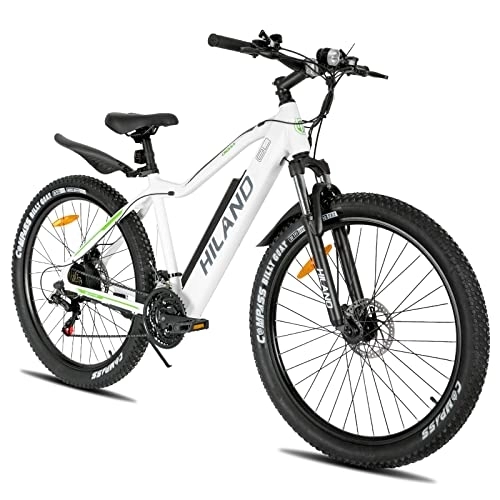 Bicicletas de montaña eléctrica : HILAND 27, 5 Pulgadas Bicicleta Eléctrica Motor 250 W, E-MTB para Hombre y Mujer con Shimano 21 Velocidades con Batería de Litio de 36 V 10, 4 Ah e Iluminación, Bicicleta de Montaña, Blanco