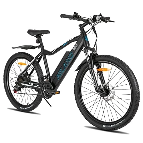 Bicicletas de montaña eléctrica : HILAND 27, 5 Pulgadas Bicicleta Eléctrica Motor 250 W, E-MTB para Hombre y Mujer con Shimano 21 Velocidades con Batería de Litio de 36 V 10, 4 Ah e Iluminación, Bicicleta de Montaña, Negro