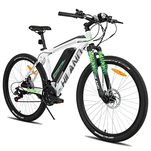Bicicletas de montaña eléctrica : Hiland Bicicleta de Montaña Eléctrica 26 Pulgadas para Hombre y Mujer con Motor 250W E-MTB Shimano 21 Velocidades con Freno de Disco y Horquilla de Suspensión E-Bike Batería de Litio 36V 10, 4Ah Blanco