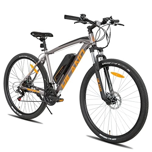 Bicicletas de montaña eléctrica : Hiland Bicicleta de Montaña Eléctrica 27, 5 Pulgadas para Hombre y Mujer con Freno de Disco Shimano de 21 Marchas Horquilla de Suspensión y Batería de Litio de 36 V 10, 4 Ah Gris