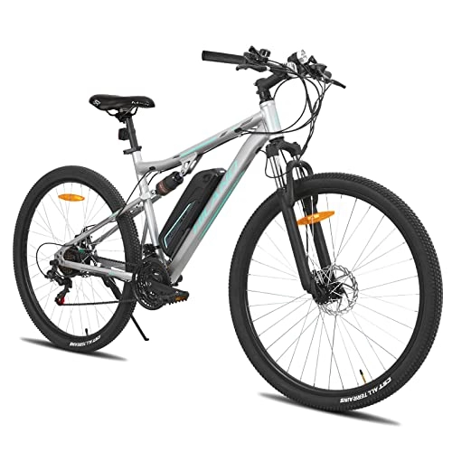Bicicletas de montaña eléctrica : Hiland Bicicleta Eléctrica 27, 5 Pulgadas 21 Velocidades para Hombre y Mujer con Suspensión Completa E-Bike Motor 250W con Batería de Litio 36 V 10, 4 Ah E-Bici Gris…
