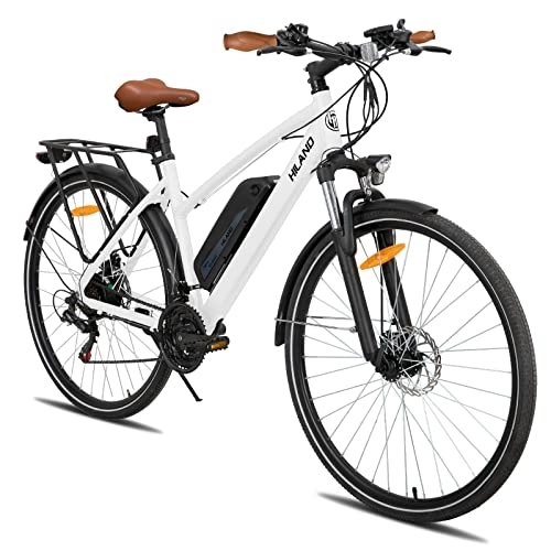 Bicicletas de montaña eléctrica : Hiland Bicicleta Eléctrica 28 Pulgadas Cambio Shimano 7 Velocidades, Bicicleta Urbana Eléctrica Motor 250 W con Batería de Iones de Litio de 36 V, 10, 4 Ah, 25 km / h para Hombre y Mujer, Blanco