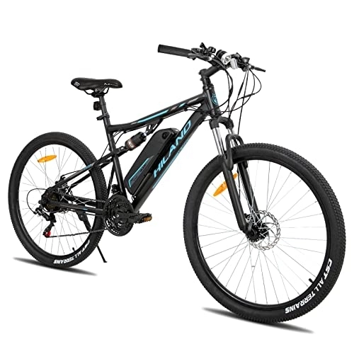 Bicicletas de montaña eléctrica : Hiland - Bicicleta eléctrica de 27, 5 pulgadas, para hombre y mujer, con suspensión completa, motor de 250 W, batería de litio de 36 V, 10, 4 Ah, 21 velocidades, suspensión completa, color negro