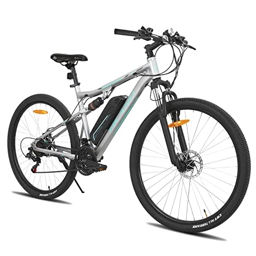 Bicicletas de montaña eléctrica : Hiland - Bicicleta eléctrica de 29 pulgadas, para hombre y mujer, con suspensión completa, motor de 250 W, batería de litio de 36 V, 10, 4 Ah, 21 velocidades, suspensión completa, color gris