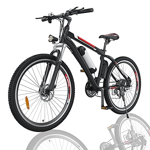 Bicicletas de montaña eléctrica : Hiriyt 26" Bicicleta eléctrica de montaña, 250W, Batería 36V E-Bike Sistema de Transmisión de 21 Velocidades con Linterna con Batería de Litio Desmontable con Tres Modos de Trabajo (26" Black)