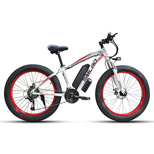 Bicicletas de montaña eléctrica : JUYUN Bicicleta Eléctrica de Montaña 26", 350W 48V E-Bike Beach Cruiser con Sistema de Transmisión de 21 Velocidades y Batería de Litio 15Ah Desmontable, White Red
