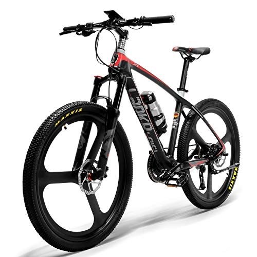 Bicicletas de montaña eléctrica : LANKELEISI S600 26 '' Bicicleta eléctrica Cuadro de Fibra de Carbono 240W Bicicleta de montaña, Sistema de Sensor de par, Horquilla de suspensión con Cierre de Aceite y Gas (Negro Rojo)