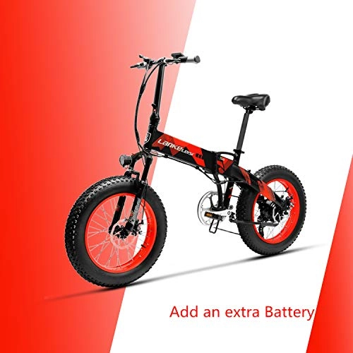 Bicicletas de montaña eléctrica : LANKELEISI X2000 48V 500W 10.4AH 20 x 4.0 Pulgadas Neumtico Gordo 7 velocidades Shimano Palanca de Cambio Bicicleta elctrica Plegable, para Mujer / Hombre Adulto (Rojo + 1 batera Extra)