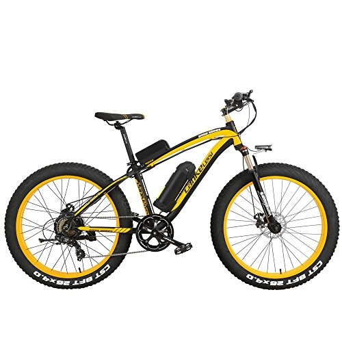 Bicicletas de montaña eléctrica : LANKELEISI XF4000 26 Pulgadas Bicicleta de montaña eléctrica 4.0 Nieve Bicicleta 1000W / 500W energía Fuerte 48V batería de Litio 7 Velocidad suspensión Tenedor (Negro Amarillo, 1000W 17Ah)