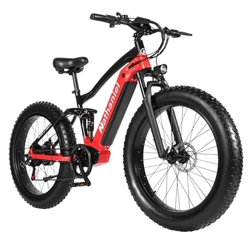 Bicicletas de montaña eléctrica : Nathaniel 26-Inch Electric Bike Outdoor Sport 4.0 Fat Tires Mountain Bike 48V 20Ah Removable Lithium Battery Bicycle Aluminum Alloy Frame Adult E-Bike (Red)