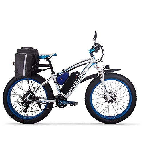 Bicicletas de montaña eléctrica : RICH BIT 012 Bicicleta eléctrica de montaña, Bicicleta eléctrica de con batería de Litio extraíble de 48 V 17 Ah, Pantalla LCD, Shimano de 21 velocidades (Azul Blanco 2.0)